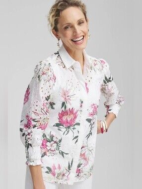 Chicos White Floral Eyelet Cotton Collared Button-Up Shirt Pink Floral .5 S 6